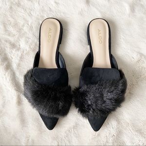 Aldo suede and faux fur mules